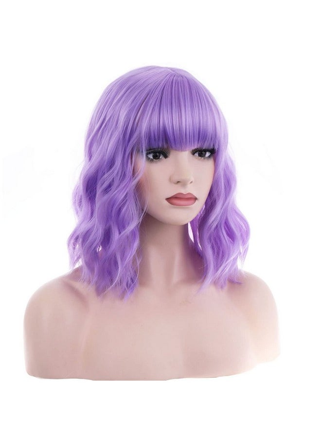 BERON - 14 Inches Purple Wig For Women Short Curly Wig Purple Wig With Bangs Light Purple Wigs For Women Lavender Wig Colorful Wigs With Wig Cap - Image 1
