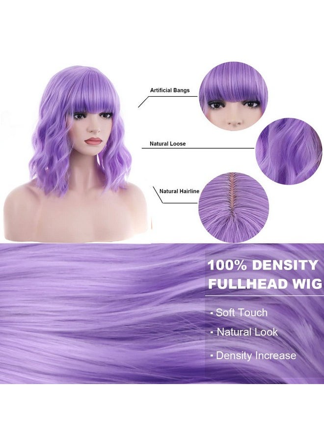 BERON - 14 Inches Purple Wig For Women Short Curly Wig Purple Wig With Bangs Light Purple Wigs For Women Lavender Wig Colorful Wigs With Wig Cap - Image 1