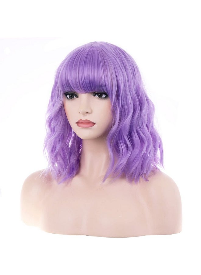 BERON - 14 Inches Purple Wig For Women Short Curly Wig Purple Wig With Bangs Light Purple Wigs For Women Lavender Wig Colorful Wigs With Wig Cap - Image 1