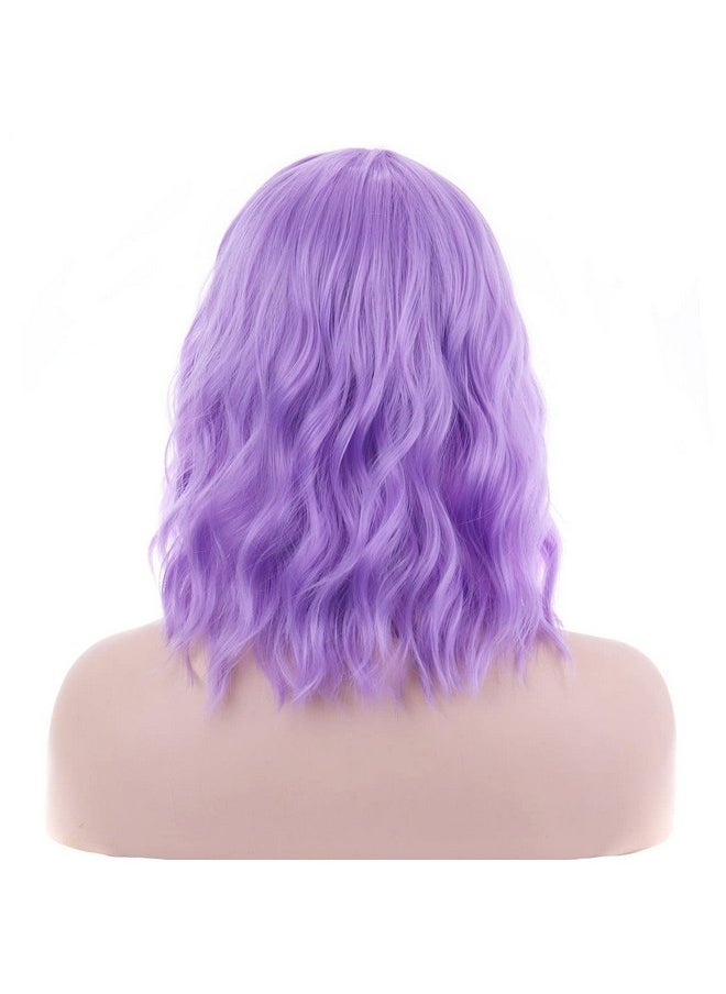 BERON - 14 Inches Purple Wig For Women Short Curly Wig Purple Wig With Bangs Light Purple Wigs For Women Lavender Wig Colorful Wigs With Wig Cap - Image 1