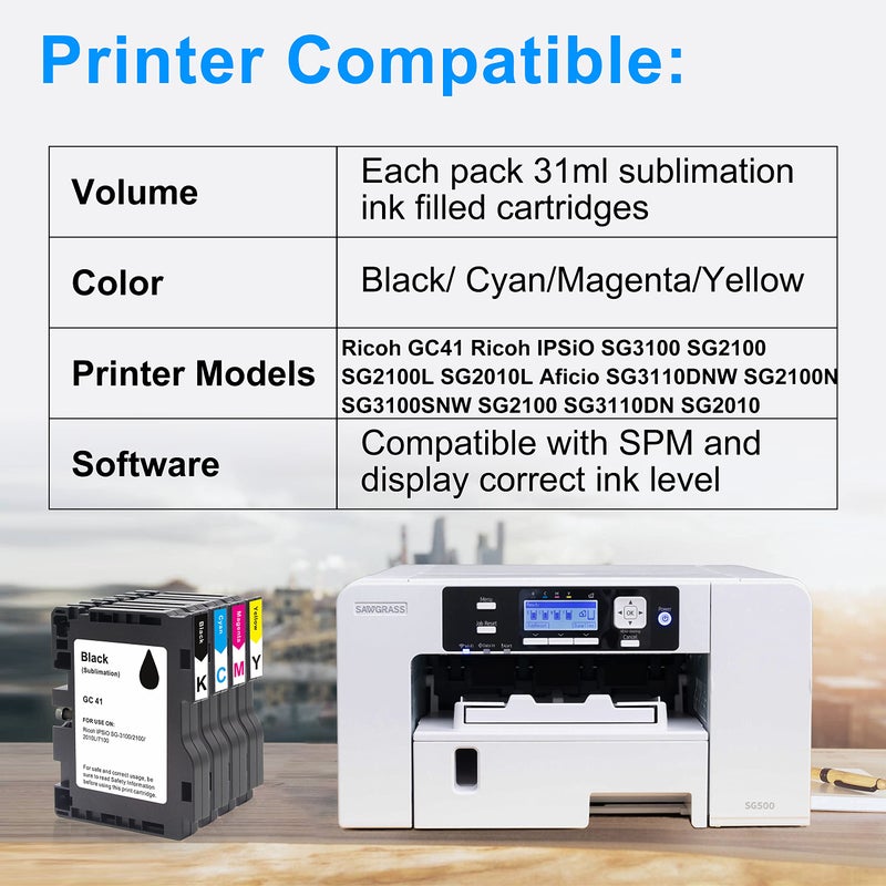 Aomya 4 Pack GC41 Sublimation Ink Cartridge Heat Transfer Compatible for Ricoh GC41 for Ricoh IPSiO SG3100 SG2100 SG2100L SG2010L Aficio SG3110DNW SG2100N SG3100SNW SG2100 SG3110DN SG2010 - Image 2