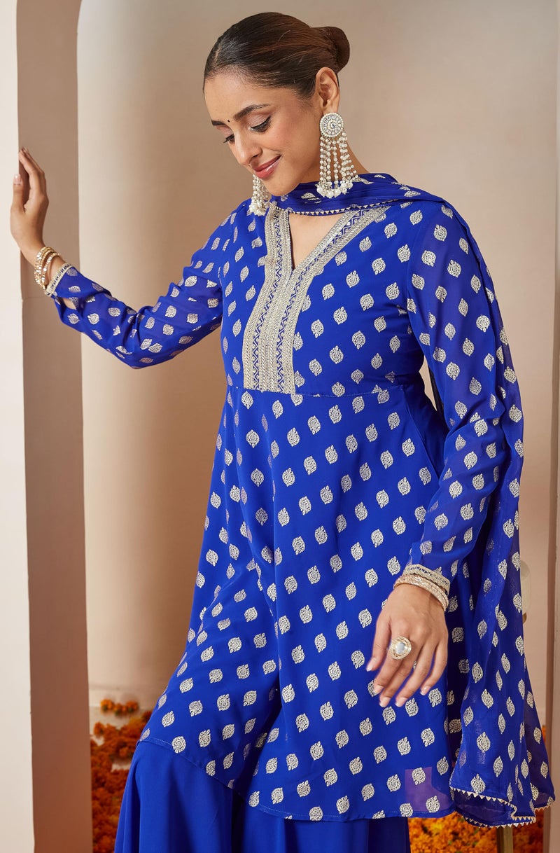 Janasya Women's Royal Blue Georgette Embellished Gold Printed A-line Kurta with Sharara & Dupatta Set (JAB25ST02699-XS) - Image 2