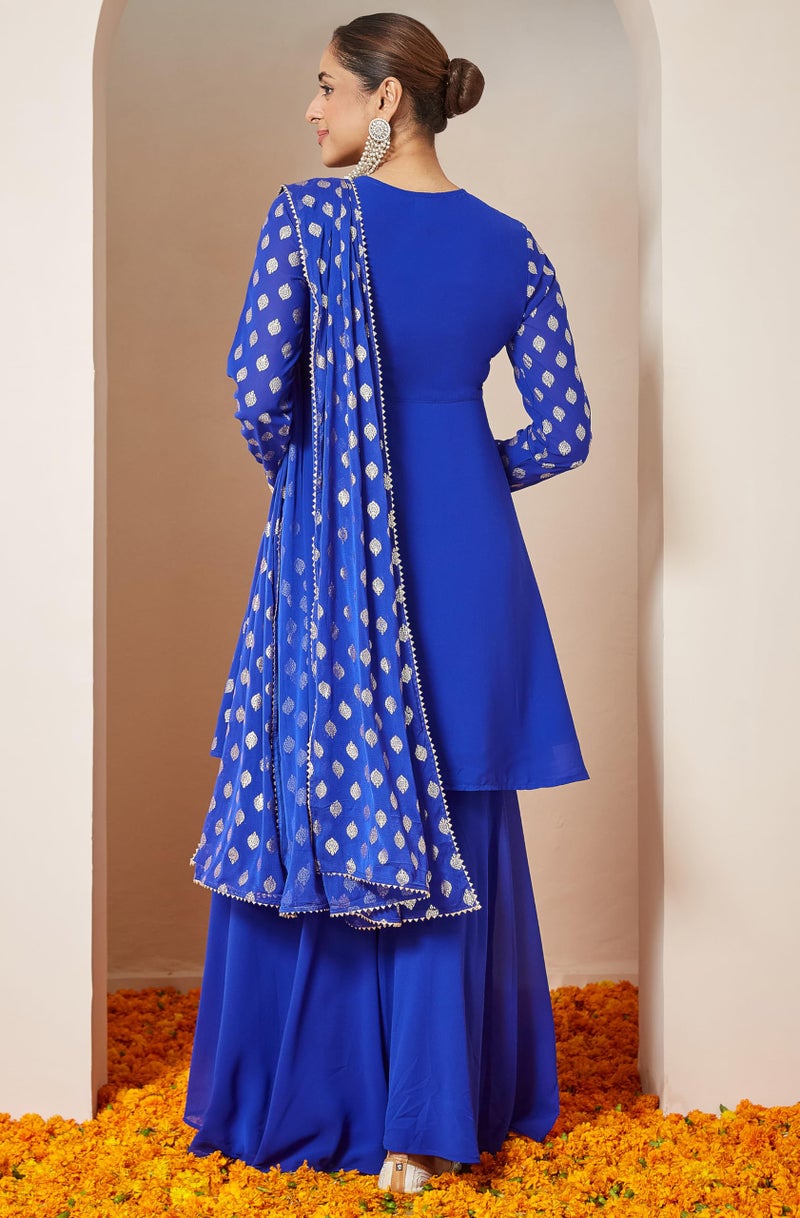 Janasya Women's Royal Blue Georgette Embellished Gold Printed A-line Kurta with Sharara & Dupatta Set (JAB25ST02699-XS) - Image 4