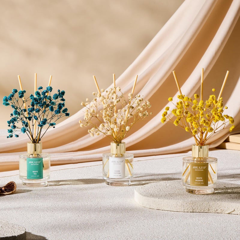 Airkeep Reed Diffuser Set of 3,Clean Cotton White Jasmine White Tea Oil Reed Diffusers for Bedroom Living Room Office Aromatherapy Oil Reed Diffuser for Gift 50ml x 3 - Image 5