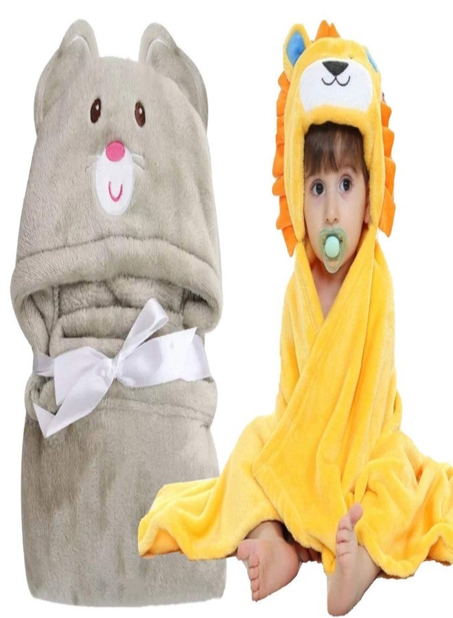 First Kick Baby Blankets Newborn Combo Pack of Super Soft Bathrobe Baby Wrapper Durable Fleece Polyester Cum Baby Bath Towel for Boys Girls (80cm x 80cm, 0-6 Months) Pack of 2 Yellow Lion Grey Mouse - Image 1