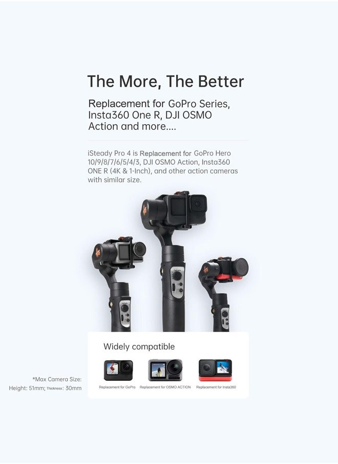 hohem iSteady Pro 4 3-Axis Gimbal Stabilizer for Gopro Hero 12/11/10/9/8/7/6,Handheld Tripod Mount Compatible with DJI OSMO Action,Insta360 ONE R,Support Anti-Shake Wireless Control,IPX4 Splash Proof