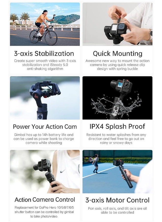 hohem iSteady Pro 4 3-Axis Gimbal Stabilizer for Gopro Hero 12/11/10/9/8/7/6,Handheld Tripod Mount Compatible with DJI OSMO Action,Insta360 ONE R,Support Anti-Shake Wireless Control,IPX4 Splash Proof