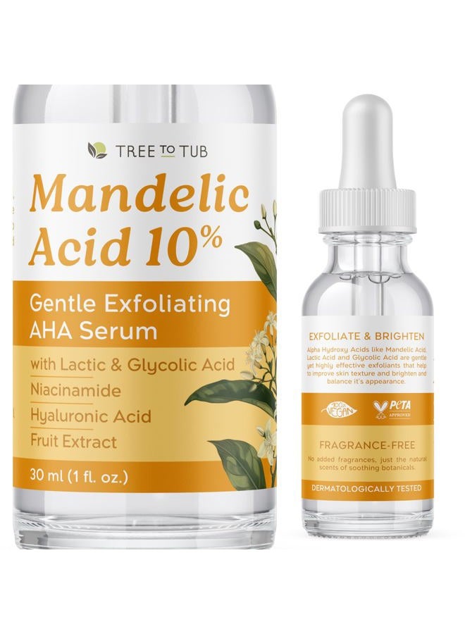 Tree to Tub سيروم حمض الماندليك - 10% سيروم AHA مقشر لطيف مع حمض اللاكتيك والجلليك للحصول على بشرة أكثر نعومة - حمض الهيالورونيك للترطيب - عناية بالبشرة نباتية للرجال والنساء - Image 1