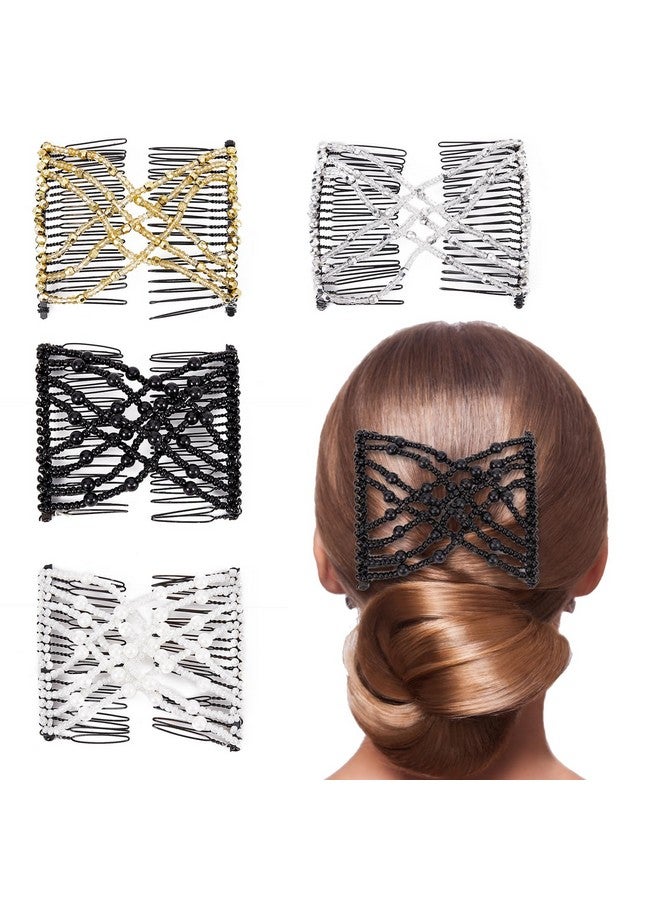 NICENEEDED 4 Pcs Magic Hair Combs Double Slides Elastic Beaded Hair Clips For Curly Thick Thin Hair Pearls Stretching Hairpins Fork Stick Combs Costume Jewelry For Hairstyle - Image 1