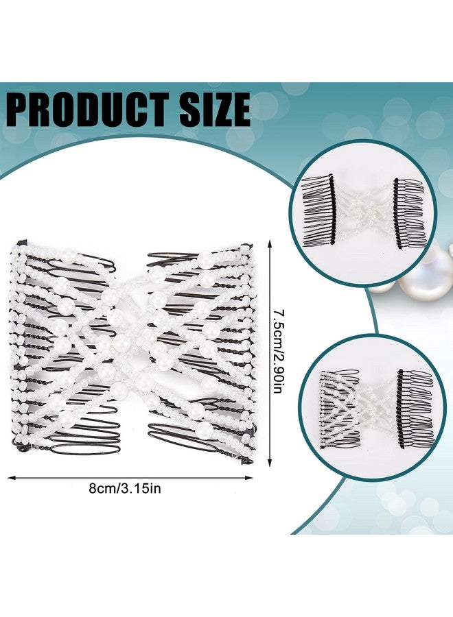NICENEEDED 4 Pcs Magic Hair Combs Double Slides Elastic Beaded Hair Clips For Curly Thick Thin Hair Pearls Stretching Hairpins Fork Stick Combs Costume Jewelry For Hairstyle - Image 2