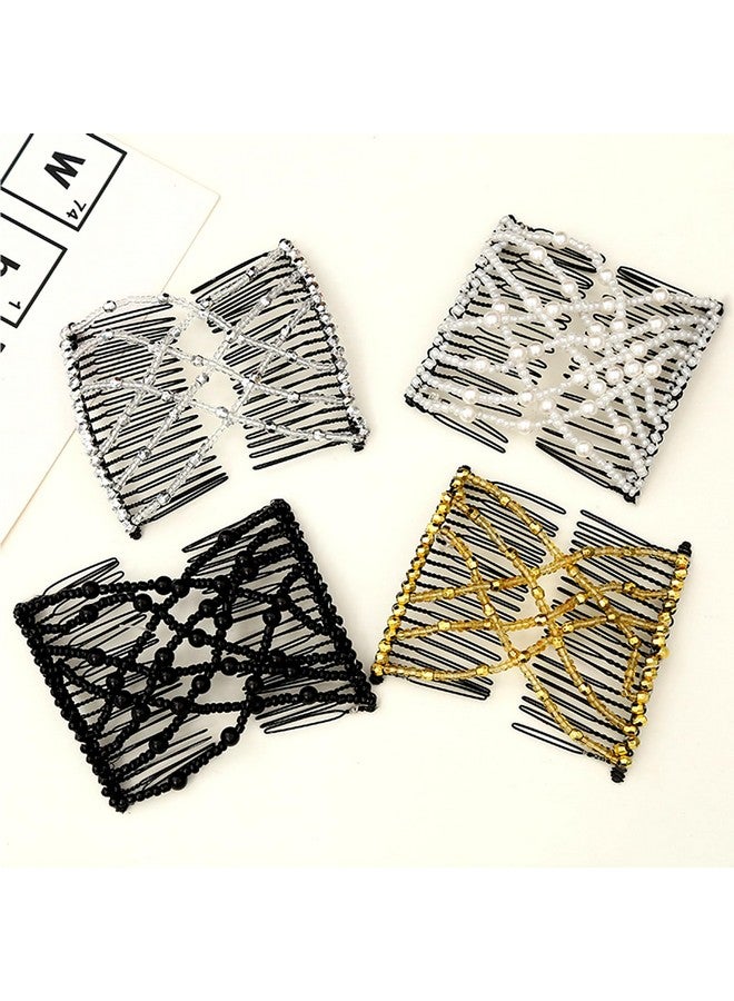 NICENEEDED 4 Pcs Magic Hair Combs Double Slides Elastic Beaded Hair Clips For Curly Thick Thin Hair Pearls Stretching Hairpins Fork Stick Combs Costume Jewelry For Hairstyle - Image 3