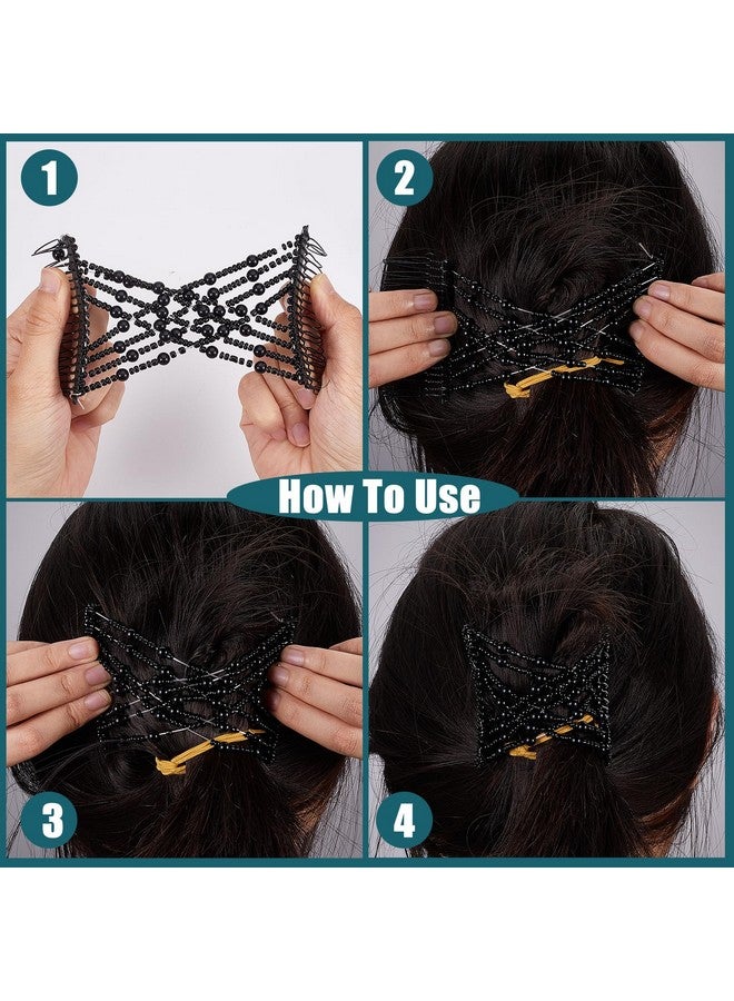 NICENEEDED 4 Pcs Magic Hair Combs Double Slides Elastic Beaded Hair Clips For Curly Thick Thin Hair Pearls Stretching Hairpins Fork Stick Combs Costume Jewelry For Hairstyle - Image 4