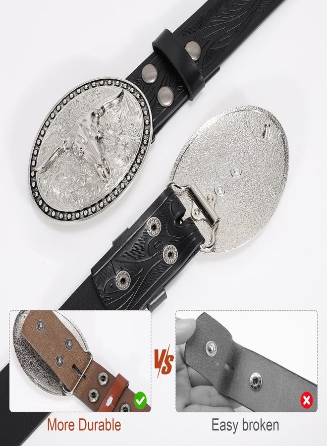 SANSTHS Western Belt Cowboy Belts for Men Women, Western Leather Belts Bull Buckle Belt Embossed Leather Belt for Jeans, Black/Long Bull Buckle - Image 3