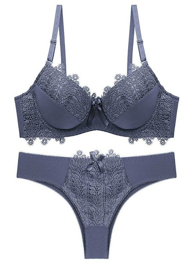 Comfy Solid Color Thin Cup Lace Bra Panty Set Grey