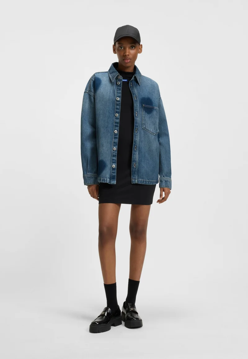 HUGO Rigid-denim shirt with printed hearts