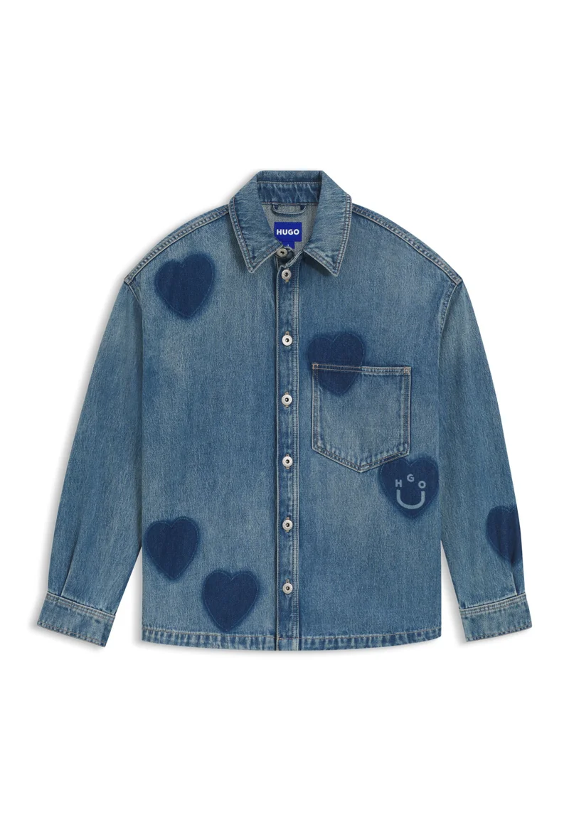 HUGO Rigid-denim shirt with printed hearts