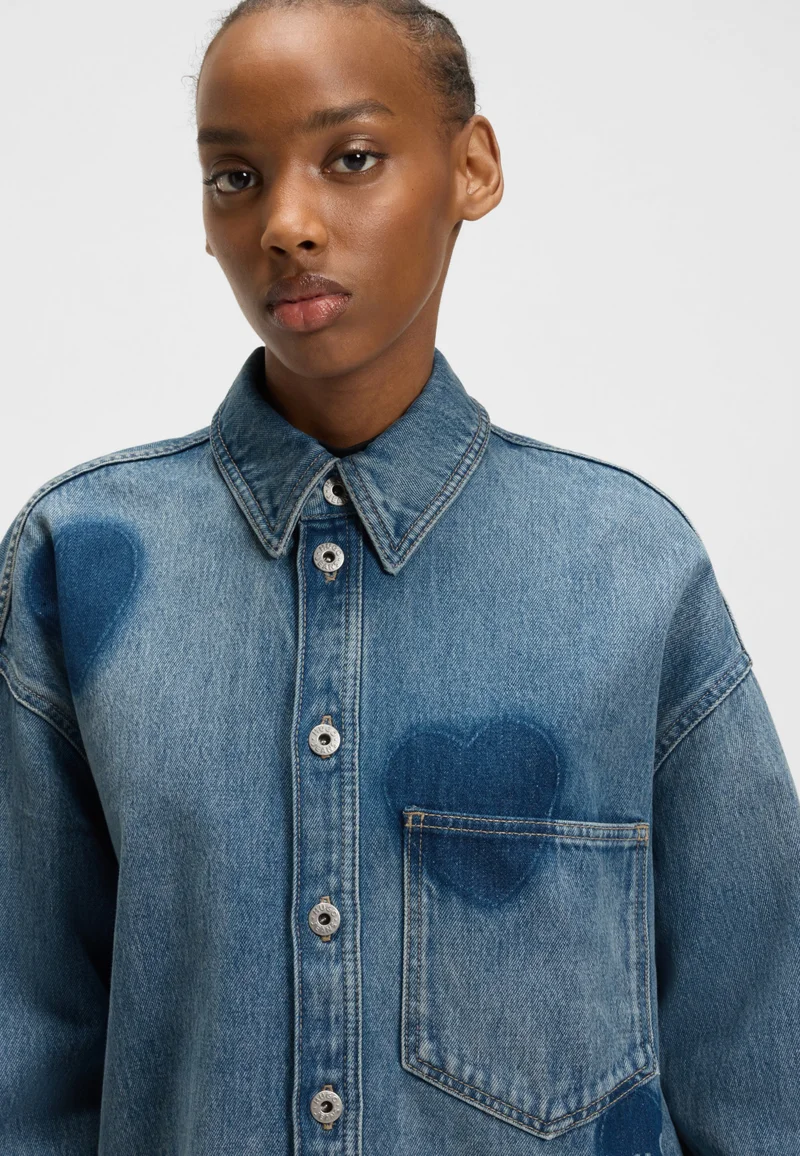 HUGO Rigid-denim shirt with printed hearts