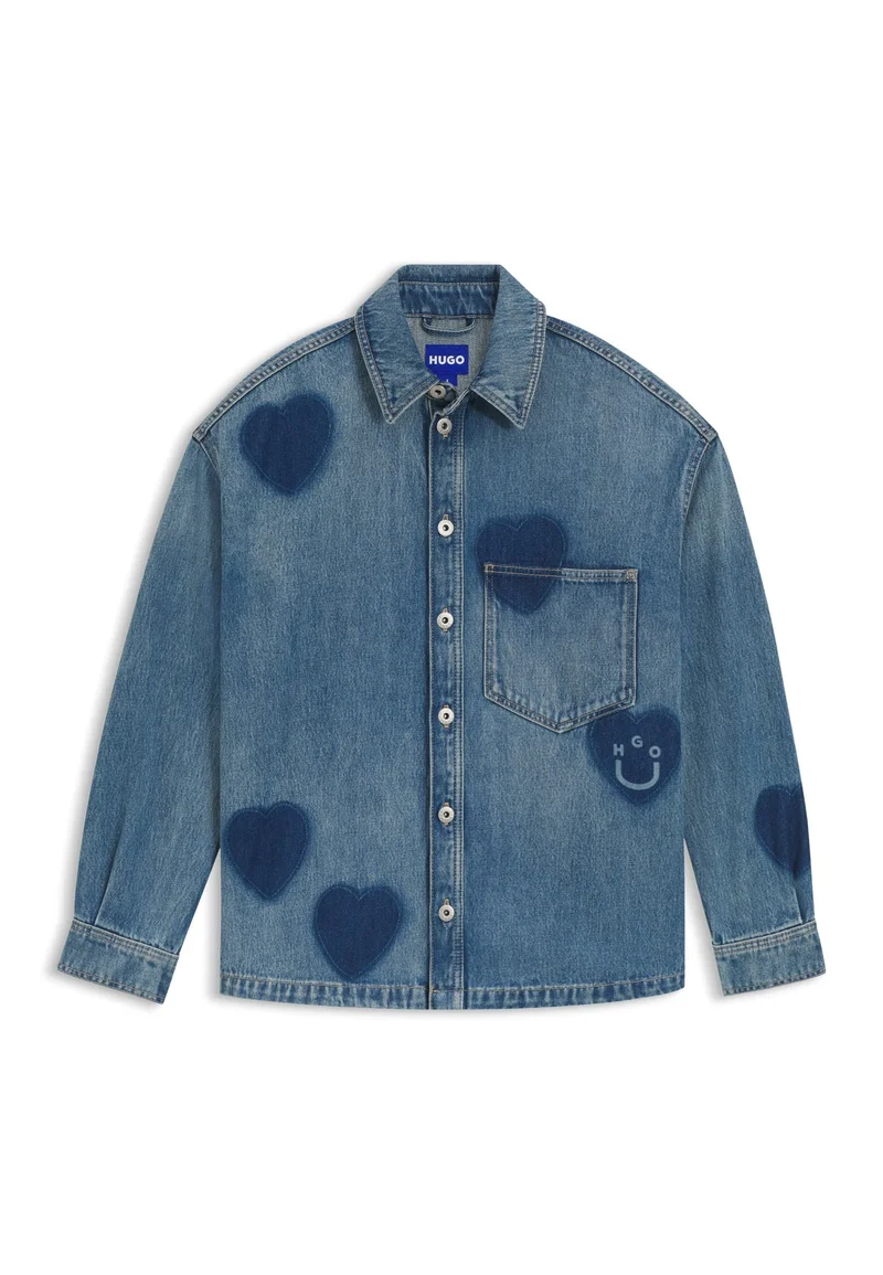 HUGO Rigid-denim shirt with printed hearts