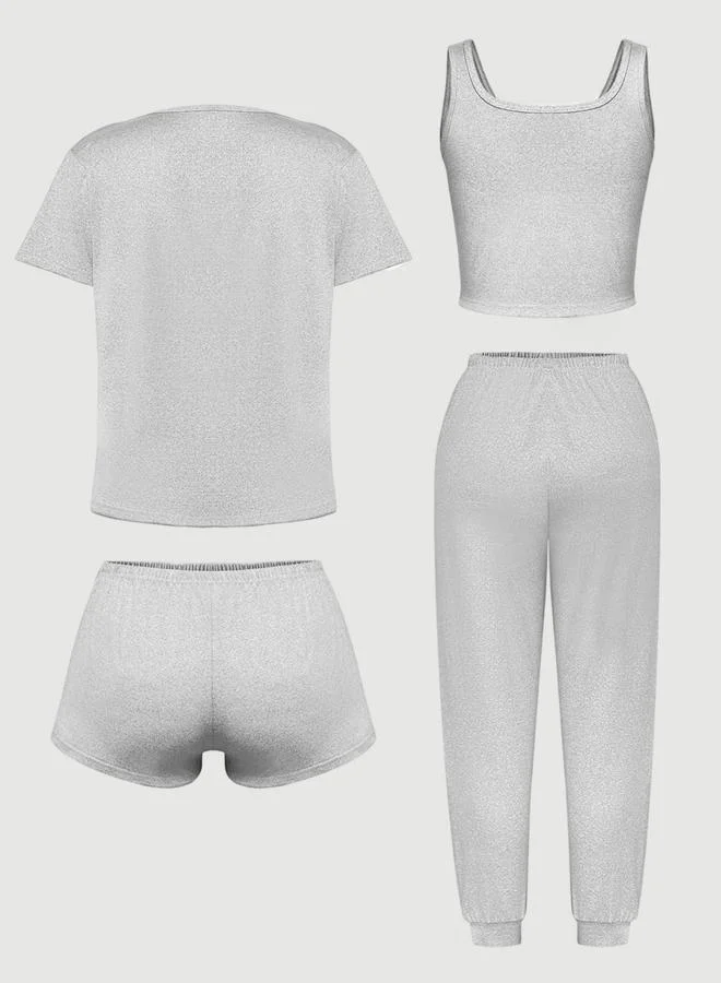 Take Two Pack of 4 - Slogan Text Print T-Shirt, Cami, Shorts and Pyjama Set