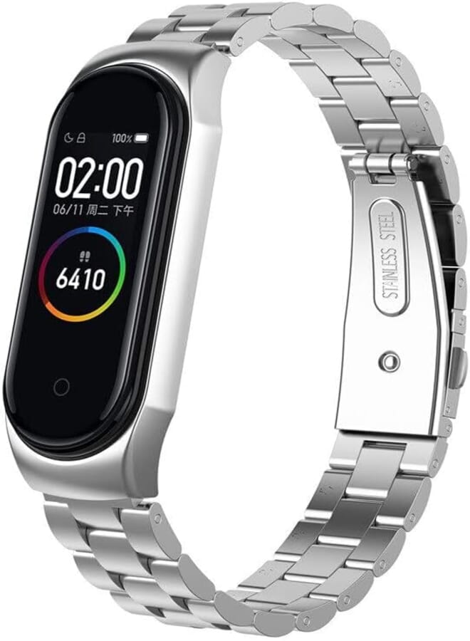 O Ozone O Ozone Metal Watch Strap Compatible With Xiaomi Mi Band 6 /Mi Band 5, 3 beads Stainless Steel Adjustable Smartwatch Replacement Straps for Men Women (Silver)