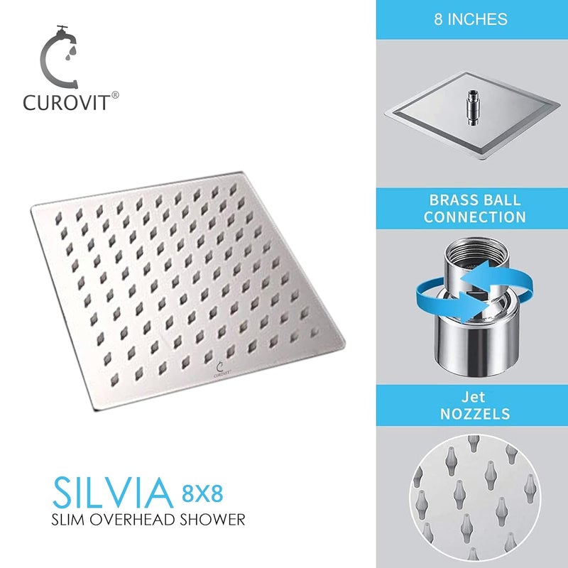 CUROVIT CUROVIT Stainless Steel SYLVIA 8 x 8 Square Extra Heavy Ultra Slim Overhead ShowerRain Shower Without Arm in Chrome Finish for Bathroom  - Image 4