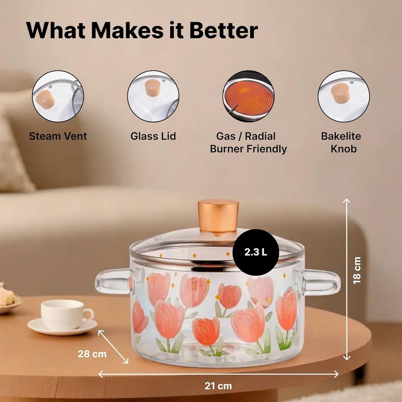 Kuber Industries Kuber Industries 2300ml Borosilicate Cooking Pot Glass Saucepan with Lid Handle Bakelite Knob MilkTea Pan for Gas Stove Induction Microwave Safe Handi Cookware  - Image 4
