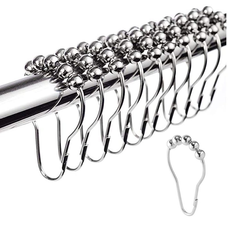 SHOPELLA 12 Pcs Bath Curtain Rollerball Shower Curtain Rings Hooks 5 Roller Polished Satin Nickel Ball Curtain Accessories - Image 1