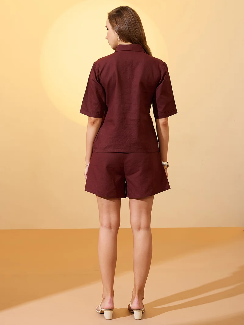 globus Women Brown Notch Lapel Collar Embroidered Border Shirt with Mini Shorts Resort Co-Ords Set