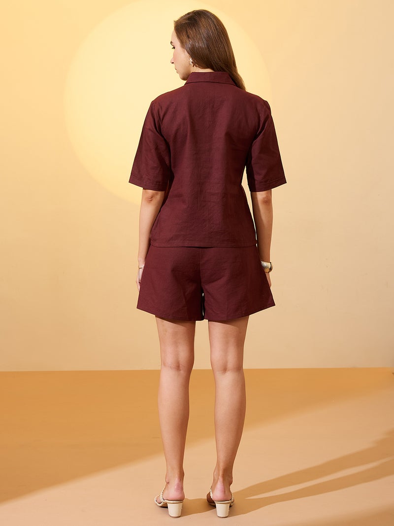 globus Globus Women Brown Notch Lapel Collar Embroidered Border Shirt with Mini Shorts Resort Co-Ords Set - Image 3