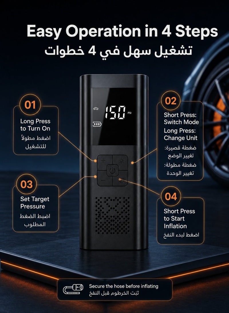 RUIYADA Portable Air Compressors, 6000mAh Rechargeable Battery Mini Tyre Inflator with USB/LED Light, 150 PSI Electric Air Pump with Pressure Gauge/Auto-Off, Cordless Tire Pump for Car Motorcycle Bike - Image 2
