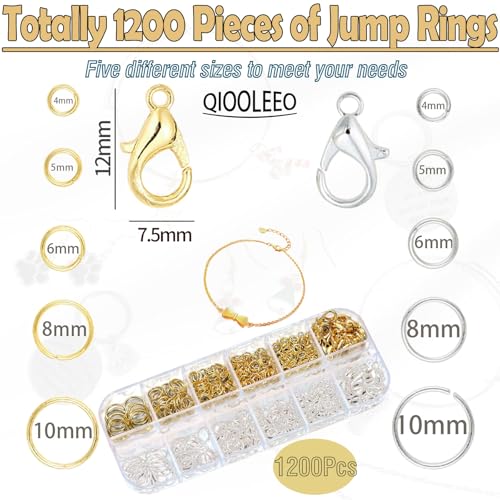 QIOOLEEO 5 Sizes(1200pcs) Open Jump Rings for Jewelry Making, Gold & Silver Non-Tarnish O Ring Connectors, DIY Necklace Repair, Bracelets, Earrings, Pendants, Keychains, Lobster Clasps, Charms - Image 2
