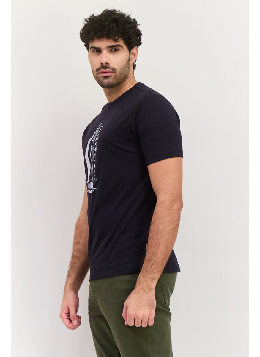 Gazzarrini Men Round Neck Short Sleeves Graphic Print T-shirt, Dark Navy  - Image 4