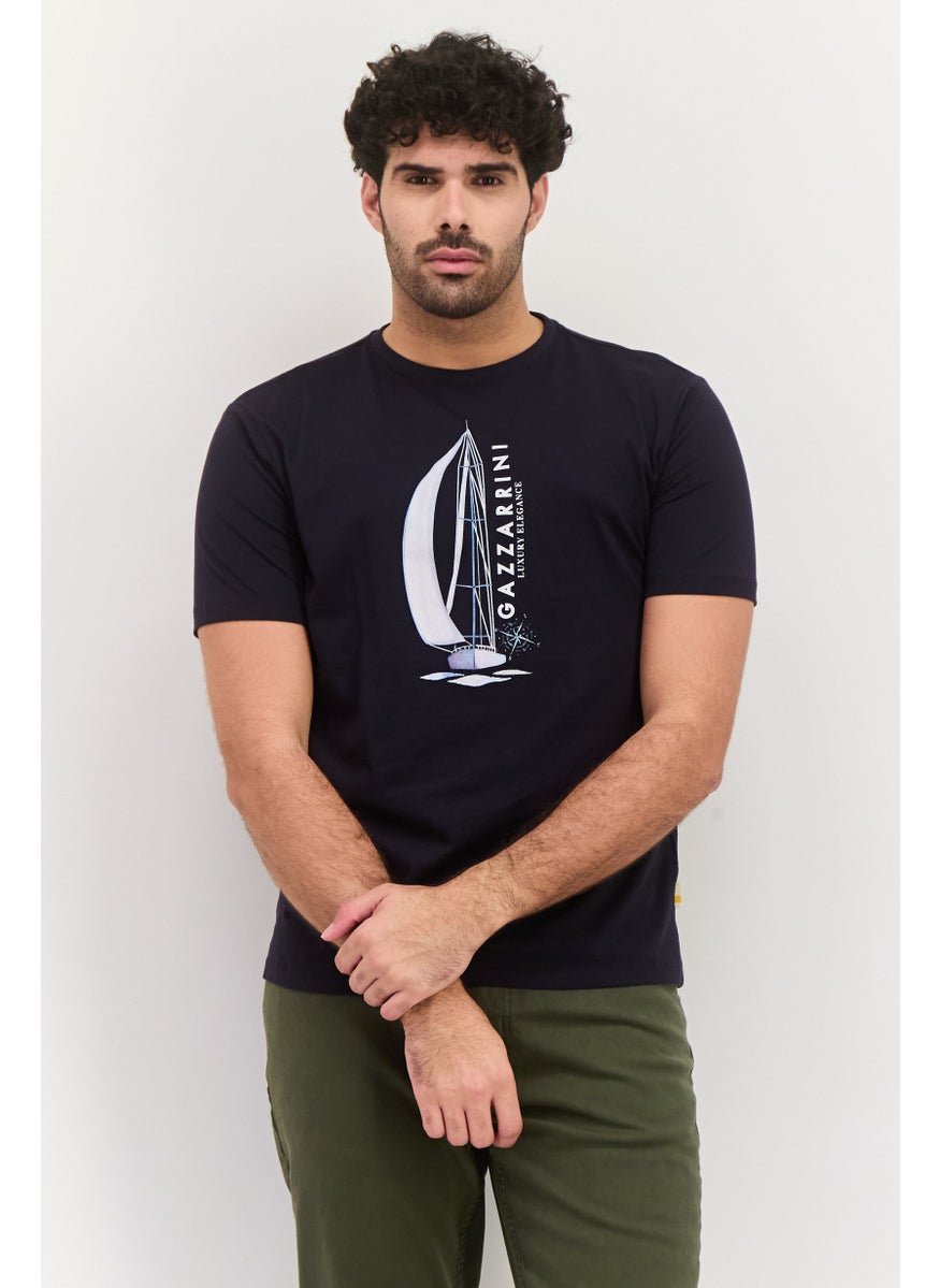 Gazzarrini Men Round Neck Short Sleeves Graphic Print T-shirt, Dark Navy  - Image 1