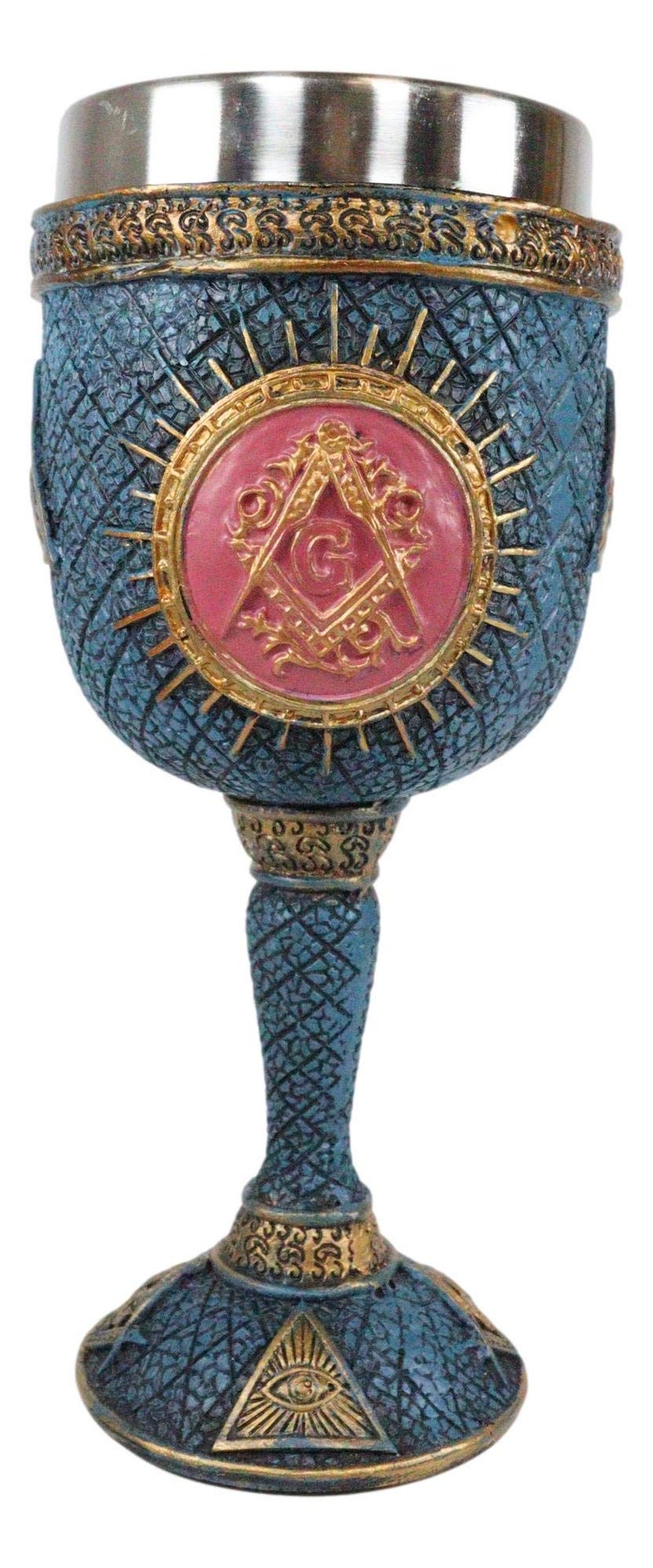 كأس النبيذ الرمزي من إيبروس مع مربع وأدوات الماسونية ورمز الإلوميناتي مع عين العناية الإلهية 7 بوصات ارتفاع أزرق وذهبي مزخرف بطابع العصور الوسطى