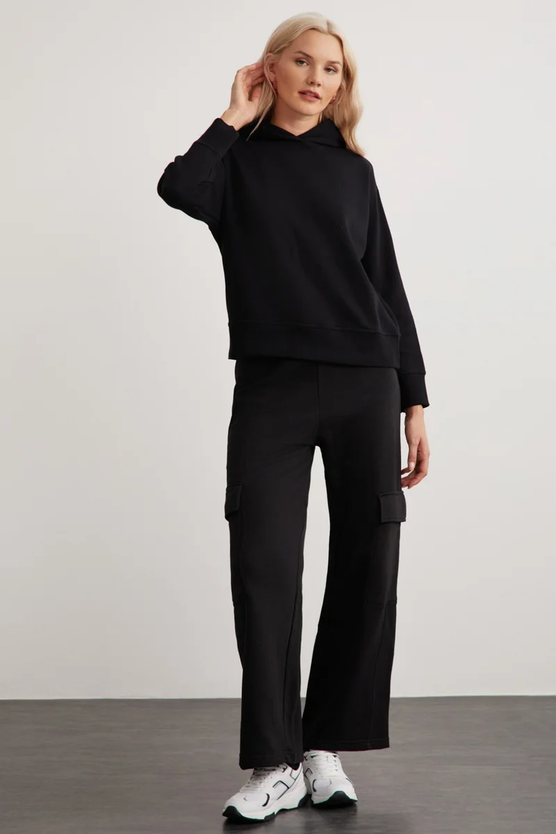 GRIMELANGE Lyra Women's 100% Cotton Cargo Pocket Black Sweatpants