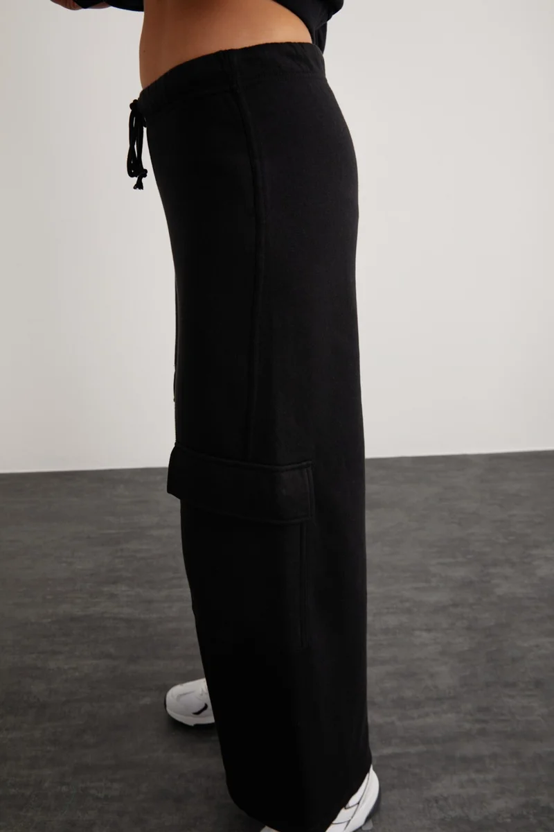 GRIMELANGE Lyra Women's 100% Cotton Cargo Pocket Black Sweatpants