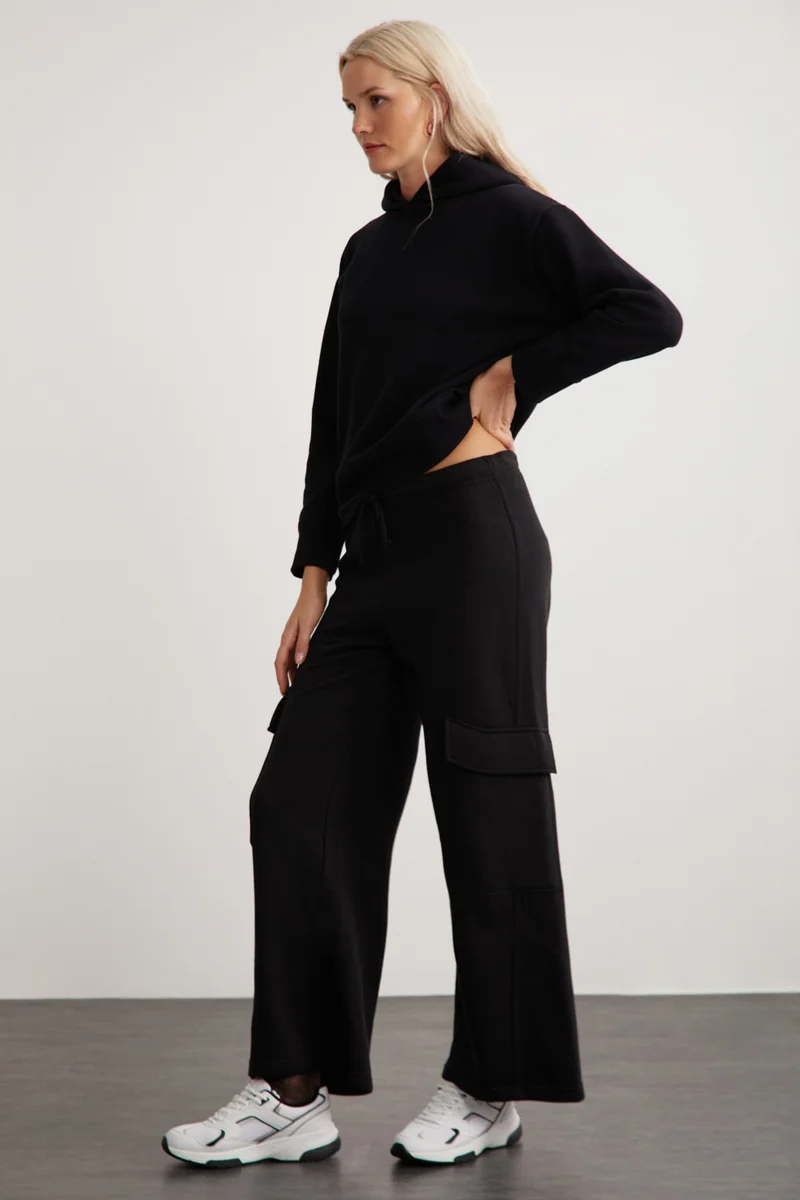 GRIMELANGE Lyra Women's 100% Cotton Cargo Pocket Black Sweatpants
