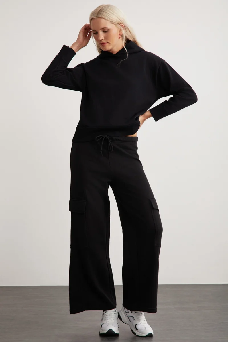 GRIMELANGE Lyra Women's 100% Cotton Cargo Pocket Black Sweatpants