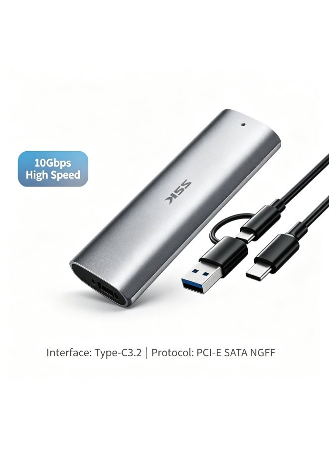 SSK Aluminum M.2 NVMe SATA SSD Enclosure, Tool-Free USB 3.2 Gen 2 10Gbps NVMe PCI-E 6Gbps SATA External Adapter for M-Key / B+M Key SSD 2242 2260 2280 - Image 1