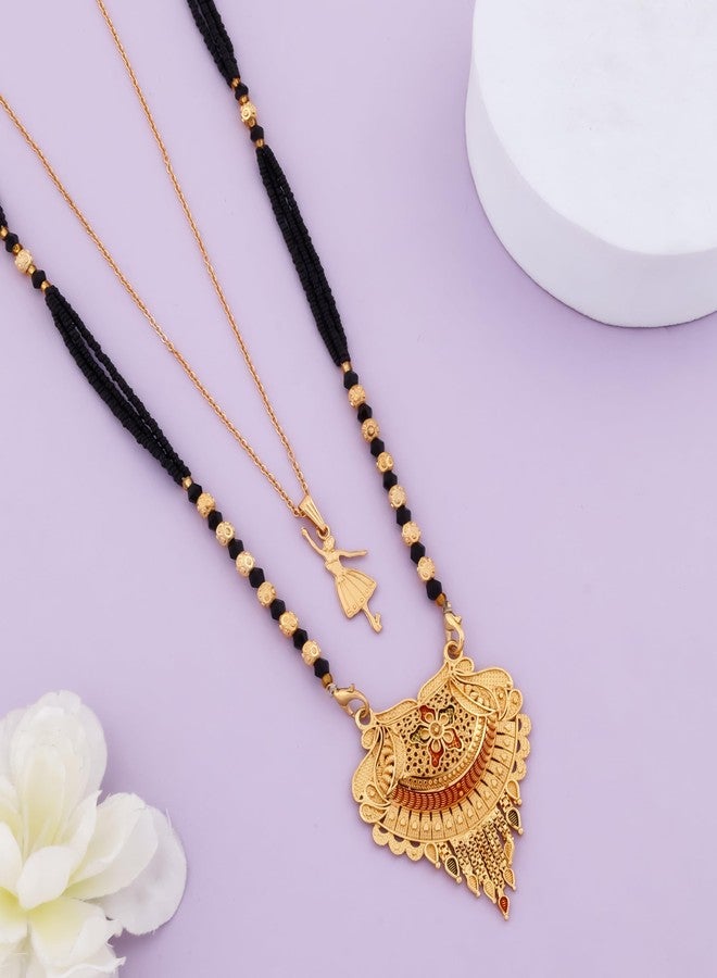 MALKYN Women's Gold Plated Peacock Motif Mangalsutra with Enamel Work and Ballerina Pendant Layered Necklace Set, Traditional Black Beaded Indian Wedding Jewelry-MD-150 - Image 2
