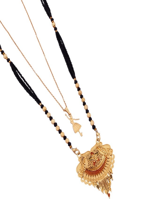 MALKYN Women's Gold Plated Peacock Motif Mangalsutra with Enamel Work and Ballerina Pendant Layered Necklace Set, Traditional Black Beaded Indian Wedding Jewelry-MD-150 - Image 1