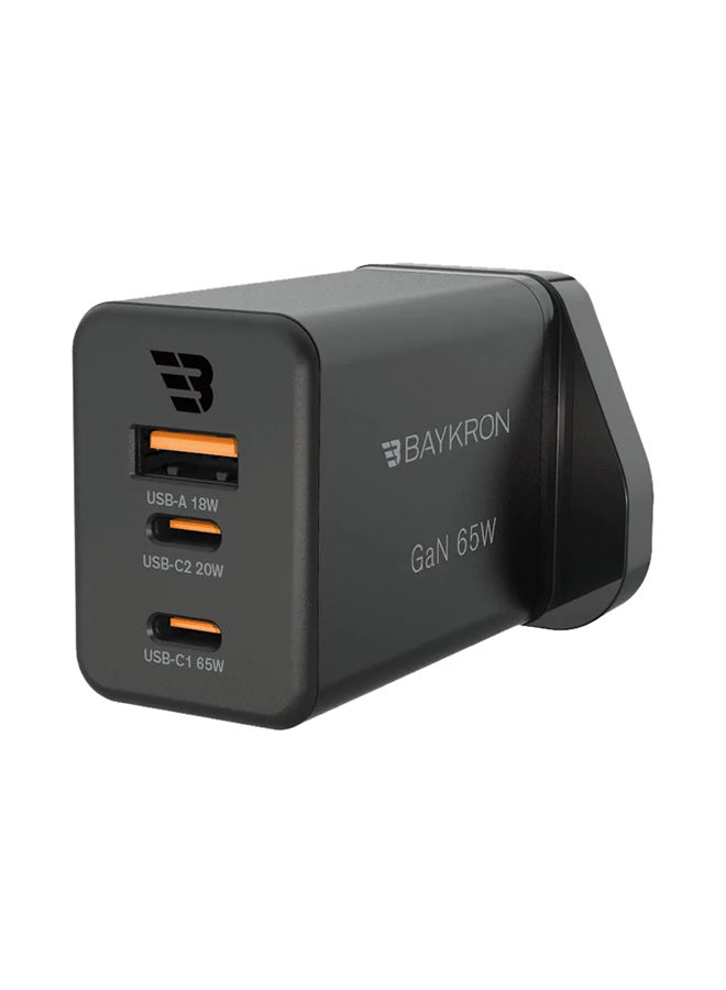 بايكرون شاحن حائط ثلاثي المنافذ GaN فائق السرعة مزود بمنفذ USB-A بقدرة 18 وات ومنفذ USB-C بقدرة 65 وات أسود - Image 2