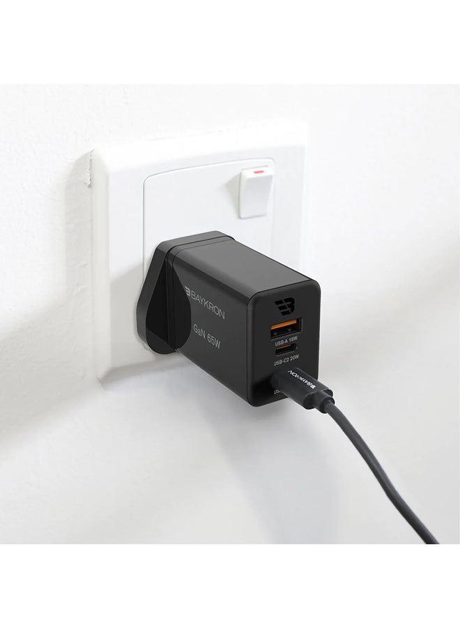 بايكرون شاحن حائط ثلاثي المنافذ GaN فائق السرعة مزود بمنفذ USB-A بقدرة 18 وات ومنفذ USB-C بقدرة 65 وات أسود - Image 4