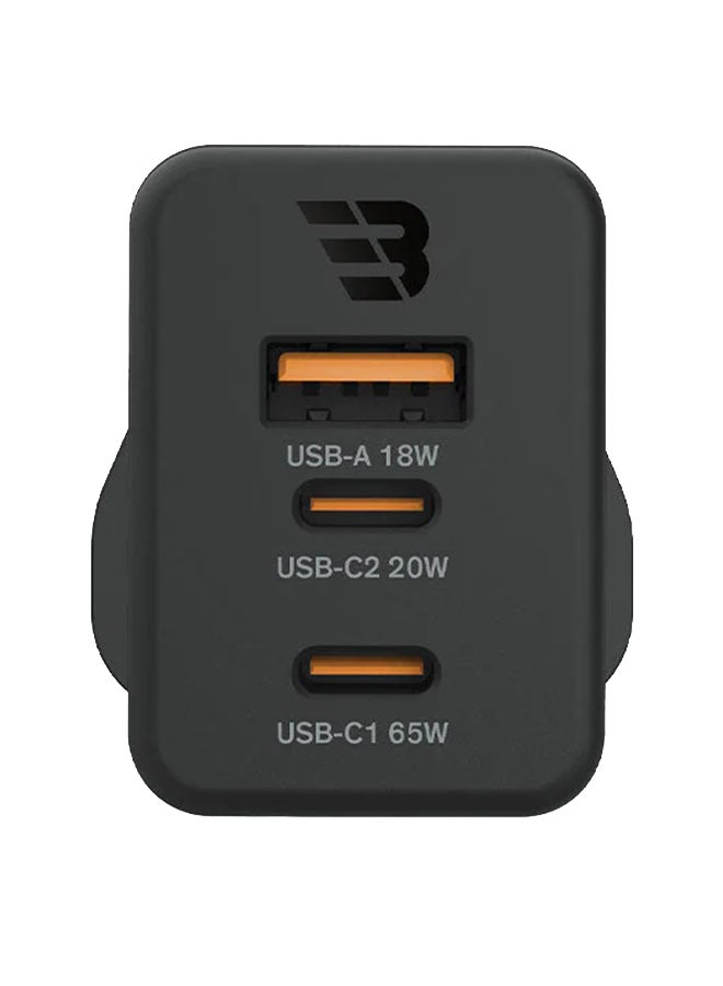بايكرون شاحن حائط ثلاثي المنافذ GaN فائق السرعة مزود بمنفذ USB-A بقدرة 18 وات ومنفذ USB-C بقدرة 65 وات أسود - Image 5