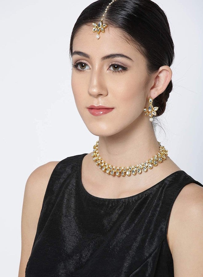 karatcart White Gold-Plated Metal Handcrafted Kundan Stone-Studded Choker Jewellery Set for Women - Image 2