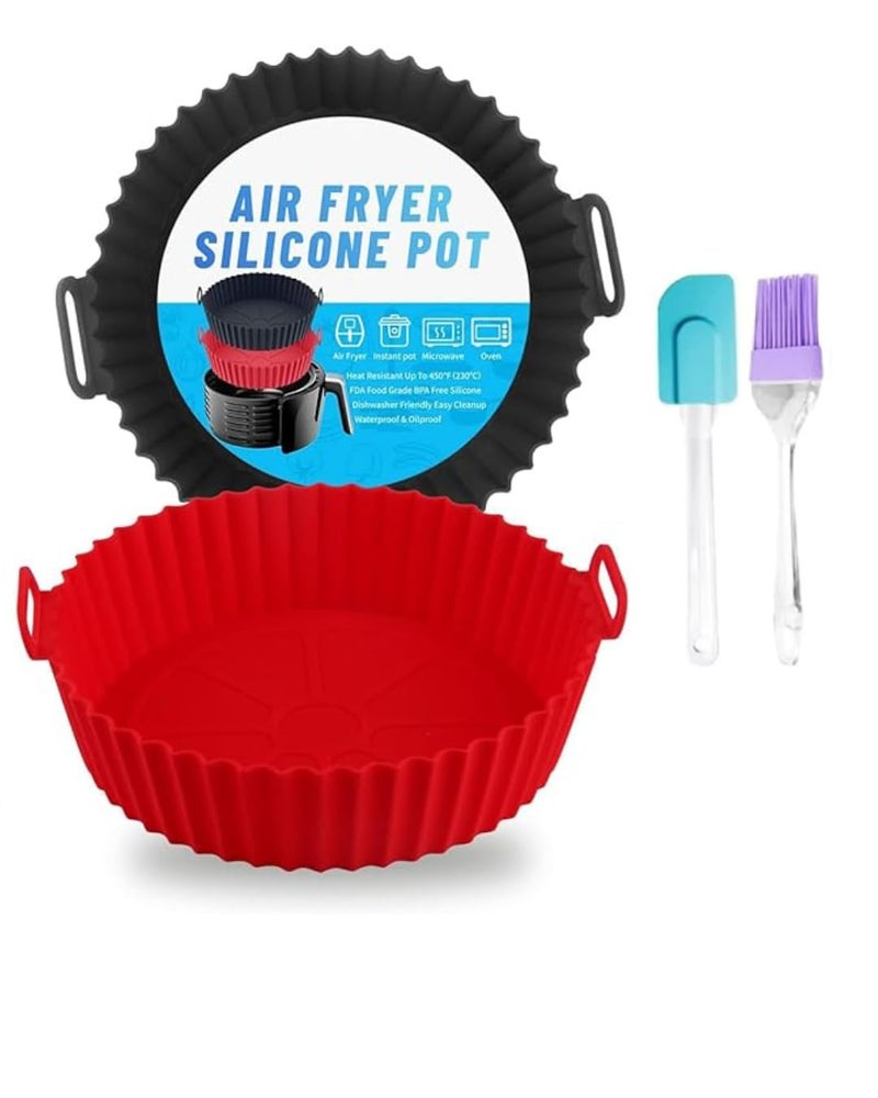 LIJIE Round Silicone RedBlack Air Fryer Basket with Ear Handles MultiColor Nonstick Heat Resistant Oil Brush Spatula  - Image 1