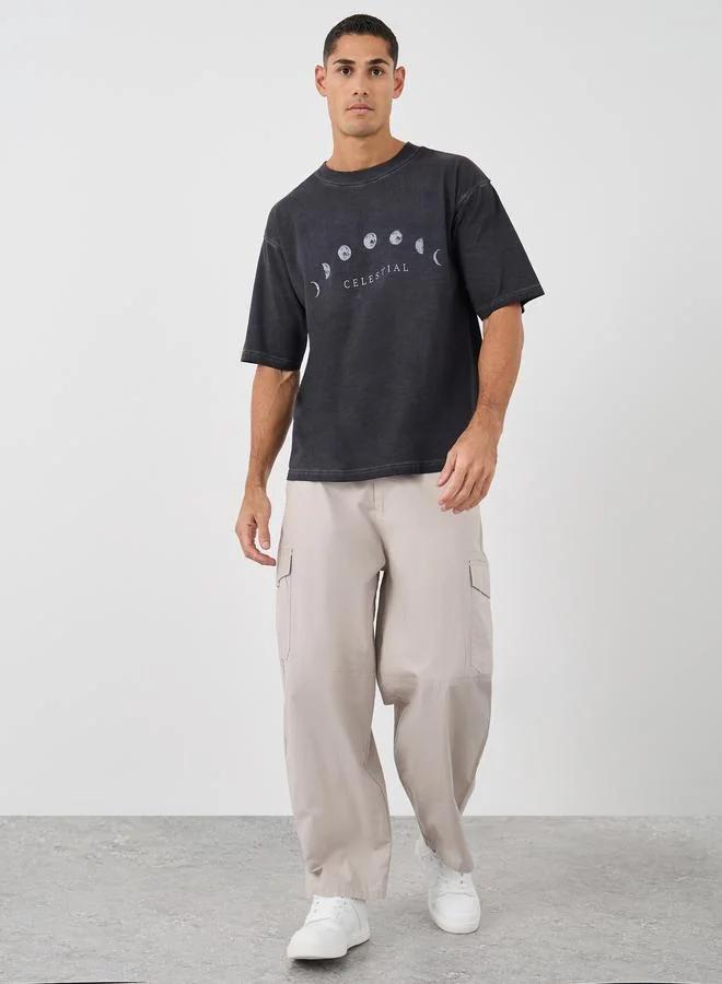 ستايلي Styli Slogan Print Oversized Crew Neck T-Shirt