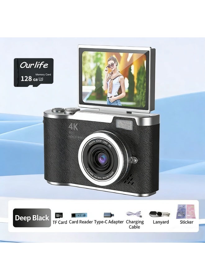 إيغوروف كاميرا رقمية بدقة 4K (مزودة ببطاقة ذاكرة سعة 128 جيجابايت)، كاميرا CCD بتصميم كلاسيكي، مناسبة لتصوير الرحلات للطلاب، كاميرا رقمية محمولة عالية الدقة بدقة 48 ميجابكسل، كاميرا ذات شاشة قابلة للانعكاس بزاوية 180 درجة لالتقاط صور السيلفي، كاميرا جيب محمولة [أسود] - Image 1