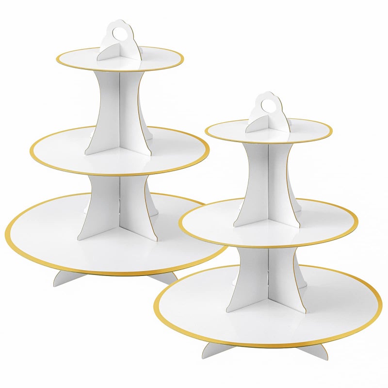 Soleebee 3Tier Round Cupcake Stand Cardboard Cupcake Tower Dessert Cup Cake Stand Tower for Birthday Wedding Party Decoration Cupcake Tier Stand 2 Set White Gold