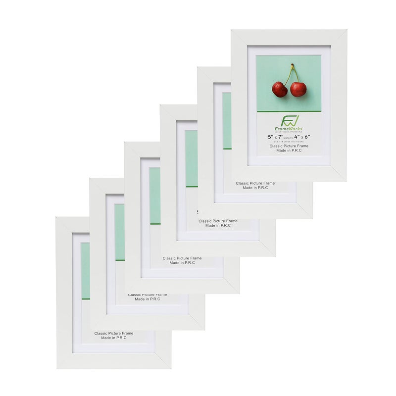 Frameworks 5x7 حصيرة إلى 4x6 إطارات الصور الخشبية الكلاسيكية مع الزجاج المقسى | أبيض | 6 عبوات - Image 1